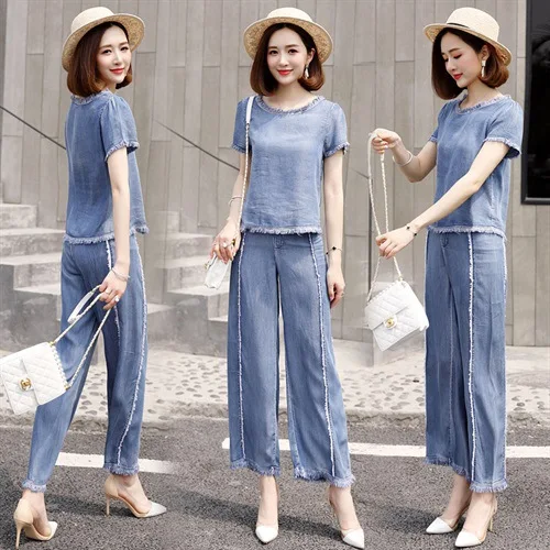 

Tencel Cowboy WOMEN'S Suit 2019 Summer New Style Slimming Goddess Van High Waist Loose Pants Royal Sister Western Style Two-Piec