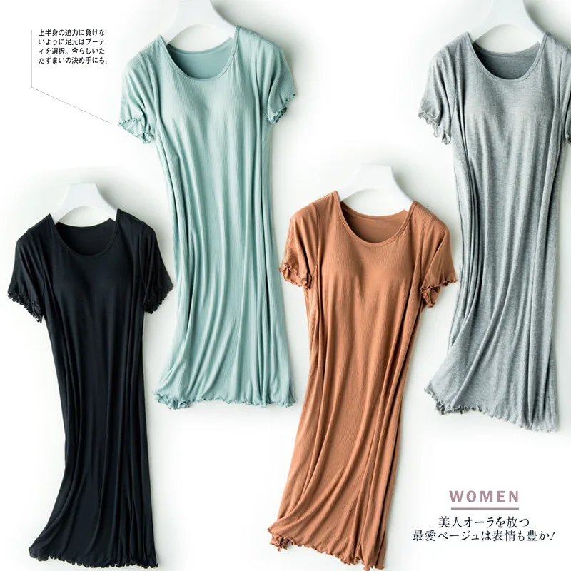 

Thread Hair Band Chest Pad Short-sleeved Long Dress Pajamas Half Sleeve Loose-Fit Thin Large Size Home Dress Women's Summer Home