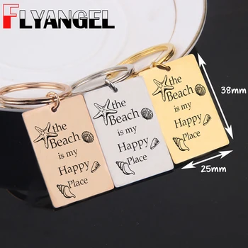 

FLYANGEL Engraved Keychain Summer Car Key Tag Sea shells The Beach Is My Happy Place Keyring Jewelry Women Man Trip Gifts