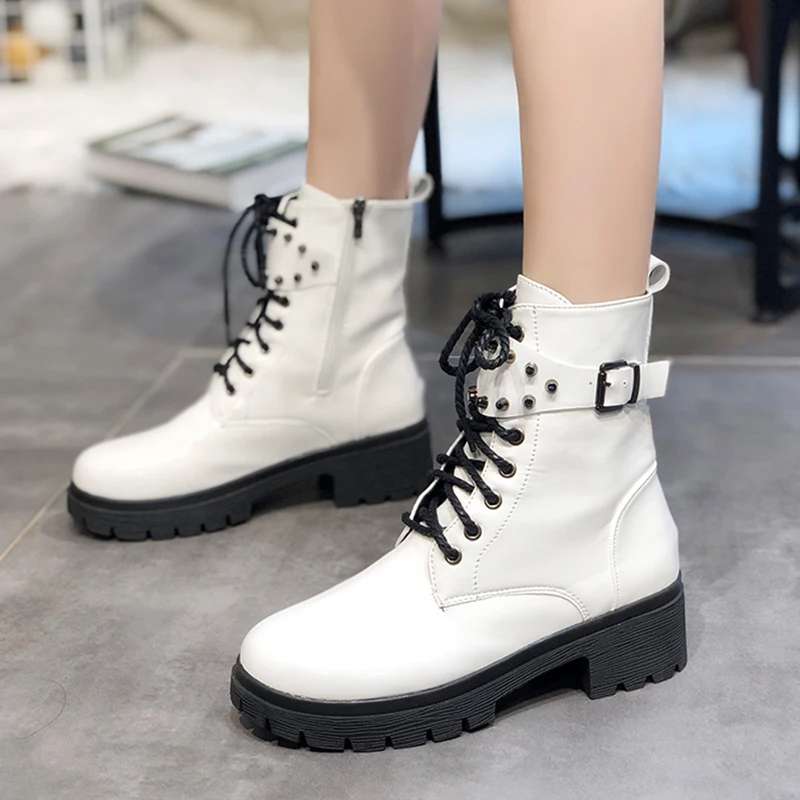 White Western Boots Cowboy Boots Women New Lace Up Leather Boots Black Ankle Boots Women Fashion Punk Combat Boots Platform