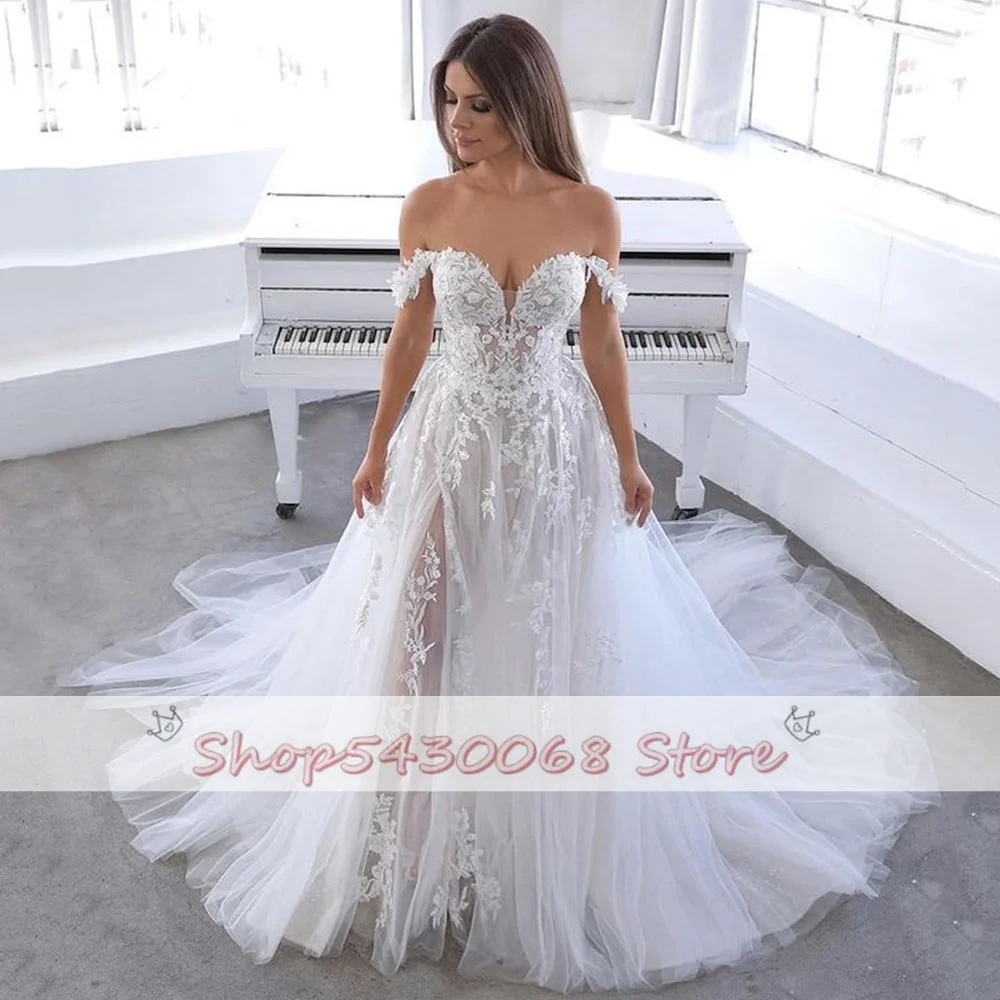 

Beach Wedding Dress 2021 Lace Applique Wedding Gowns Off the Shoulder High Side Slit Princess Bride Dresses Boho Bridal Gown