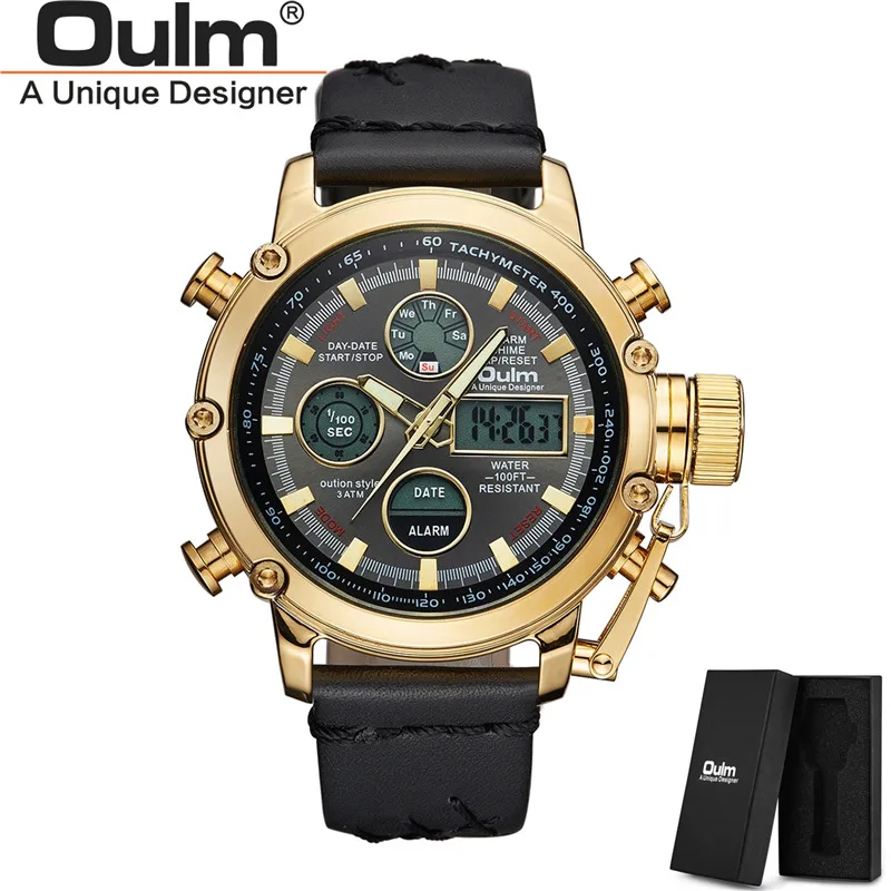 

Oulm Dual Display Men's Sport Watches Genuine Leather Multifunction Quartz Watch Luminous Hands Male Military Wristwatch