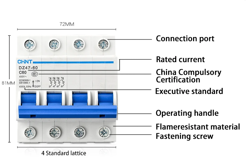 CHINT DZ47-60 4P AC 230/400V выключателя C, для детей 1, 2, 3, 4, 5, 6 лет 10 15 16 20 25 32 40 50 60A Тип C защита от короткого замыкания защита