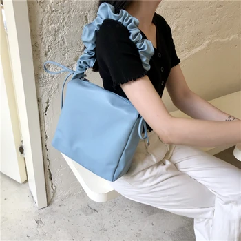 

Niche Design Drawstring Soft Leather Handbag Large Capacity Casual Totes Fold Wide Strap Shoulder Messenger Bag Women Handbags