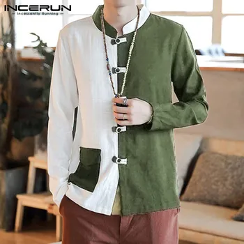 

INCERUN Men Stitching Retro Long Sleeve Collar Shirt Fashion Casual Chinese Kung Fu Chic Buckle Cotton Mens Blouse Streetwear