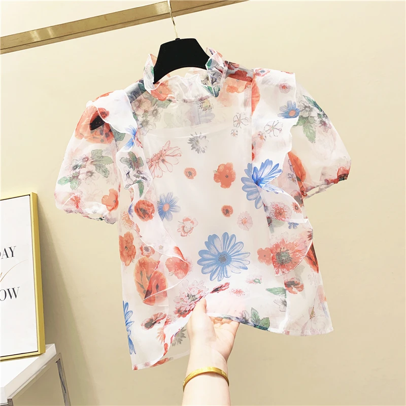 

Printed Flounced Blouse Woman Fungus Stand Collar Short-sleeved Shirt Summer Wear Transparent Organza Floral Shirt Tops Blusa