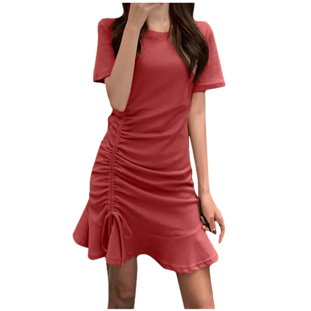 Jaycosin Fashion Summer Casual O-Neck Short Sleeve Elegant Women Summer Long Dress Ladies Slim Thin Solid Ruffles Knee Dress 319