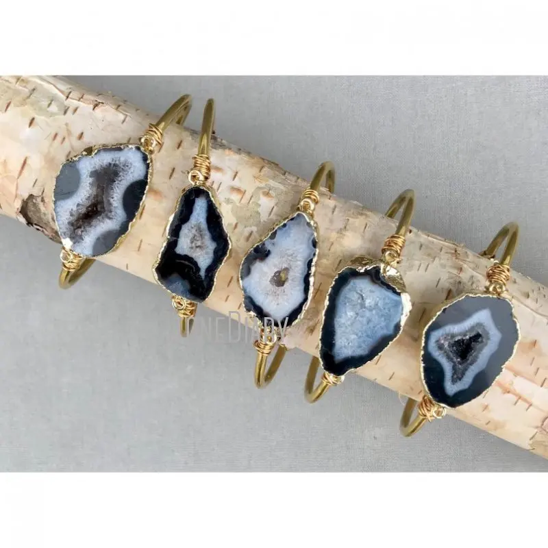 

BM14720 Black Agate Druzy Slice Cuff Bracelet Gold Plate Chunky Geode Bohemian Jewelry Boho Bracelet Black And White Stone
