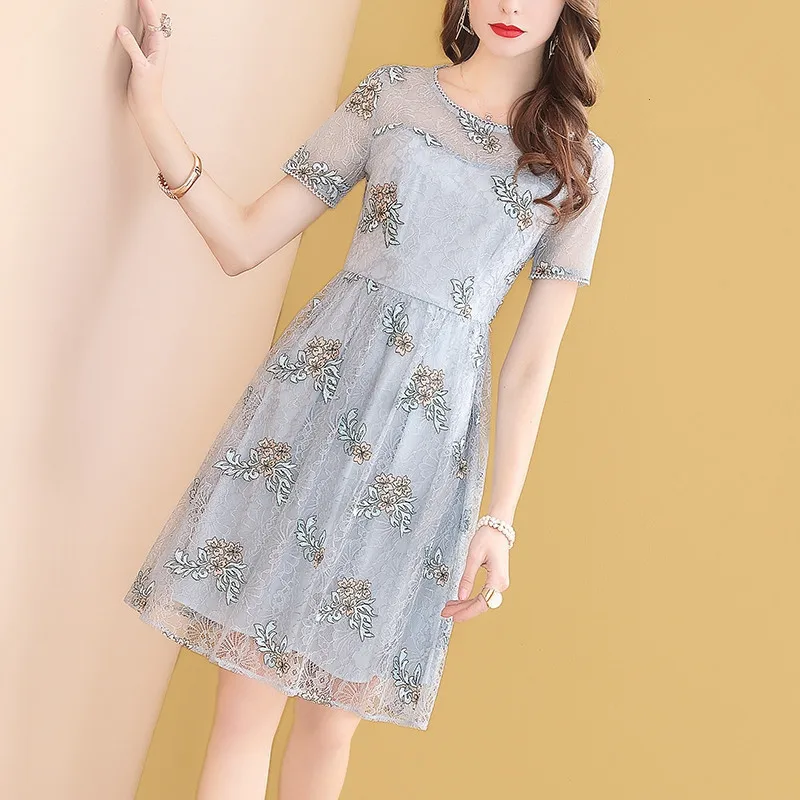 

Short Sleeve Embroidered Hollow out Lace Dress Women's Spring And Summer Mid-length 2019 New Style Popular Skirt 9027