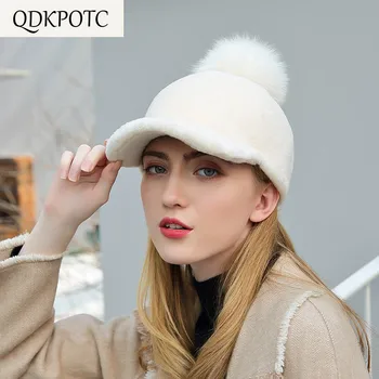 

QDKPOTC Fur Hat 2019 Autumn Winter New High Quality Wool Fedoras Fashion Women Fox Fur Ball Baseball Cap Thicken Keep Warm Hat