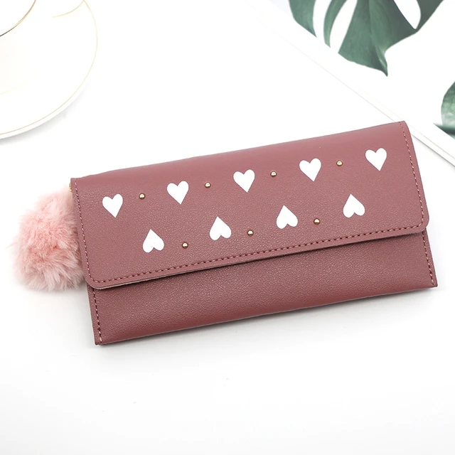 Women's purses Long Wallets Pure Color Wool Ball Bow Clutch Bag Card Coin Purse Standard Wallets PU Solid Polyester Wallet Rose red