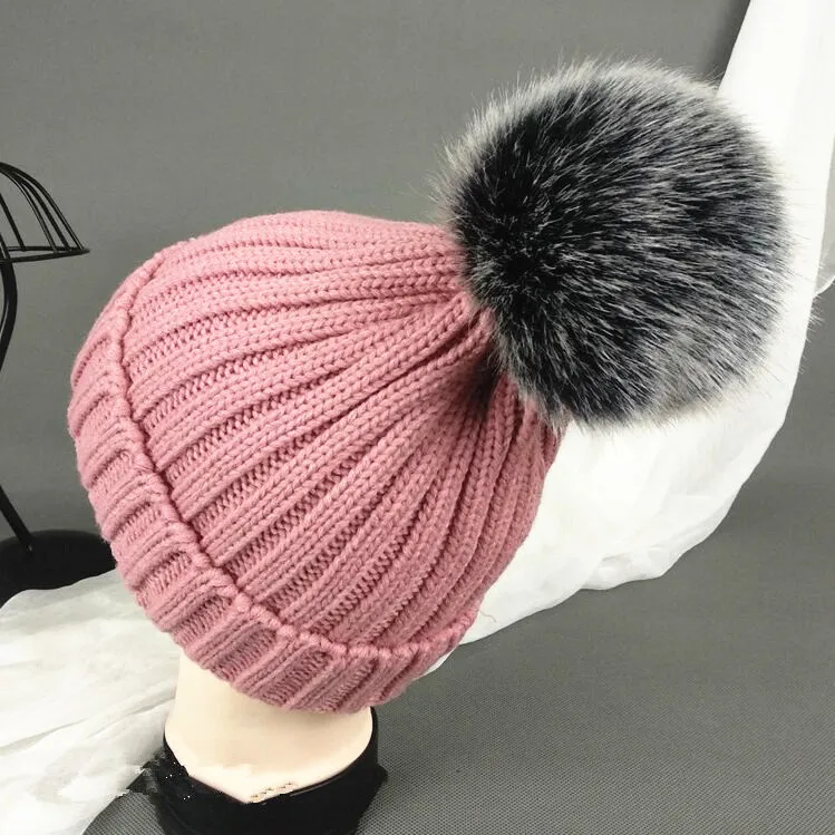 Съемные трикотажные облегающие шапки с помпоном зимние женские детские шапочки