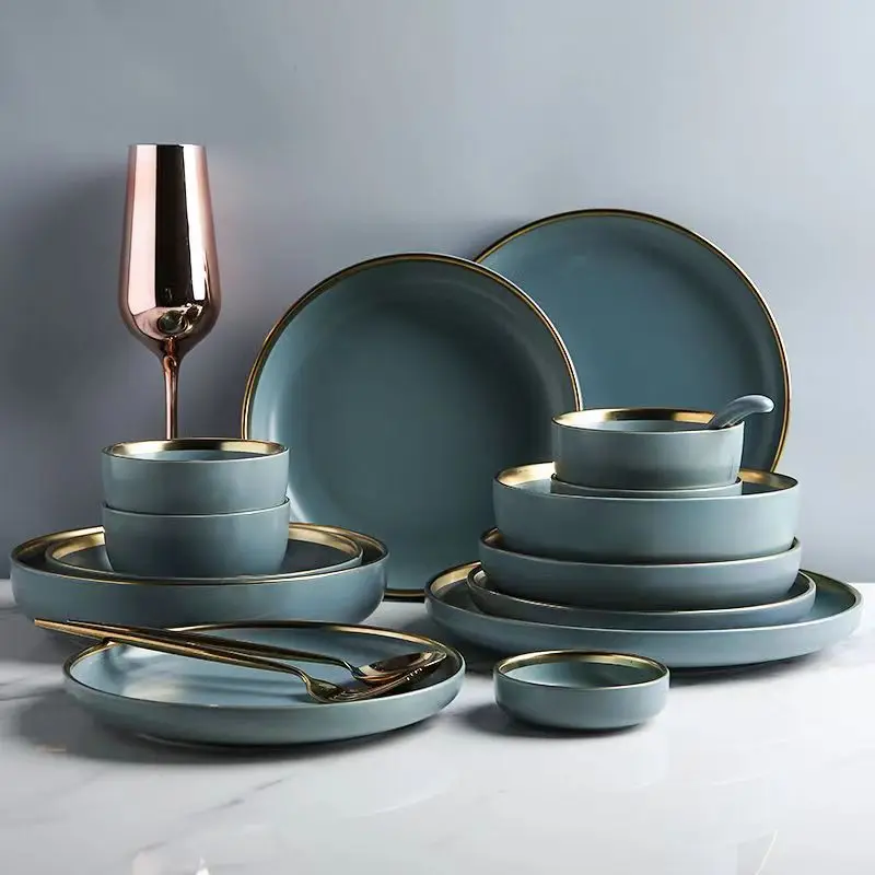 Blue Matte Gilt Rim Ceramic Tableware Set with Spoon Cereals Bowl Dessert Plate Steak Plate for Dinner Gift Plates And Bowls Set