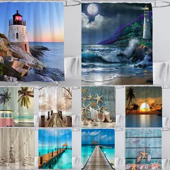 

Sea Beach Shower Curtains Wharf Sea Bridge Shell Starfish 3D Printing Digital Bath Screen Waterproof Washable Bathroom Curtain