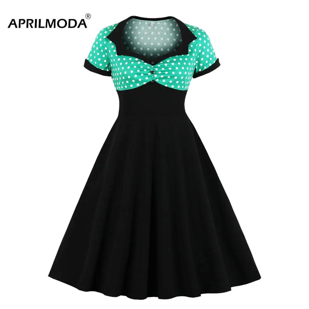 Polka Dot Printed Women Casual Dress Short Sleeve V Neck Green White Yellow 50s Big Swing Retro Vintage Rockabilly Party Dresses