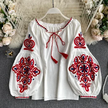 Women's Retro Blouse National Style Embroidered Lace-Up Tassel V-Neck Lantern Sleeve Tops Loose All-Match Female Blusa GK536 1
