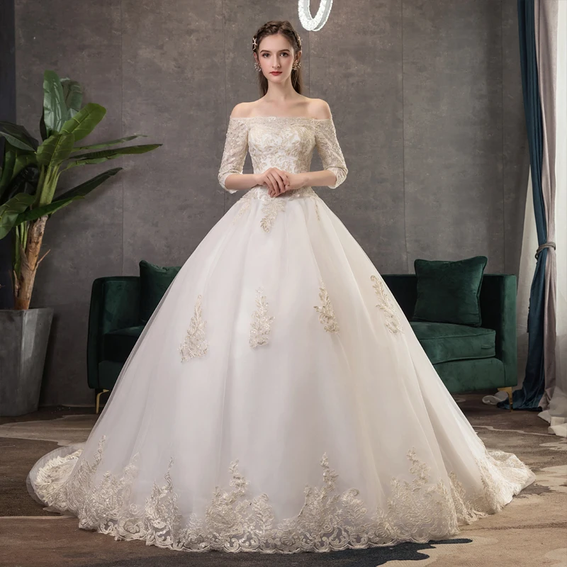 

White Wedding Dresses 2019 Lace Luxury Bridal Ball Gowns Off-the-shoulder Chapel Train Lace-up Wedding Dresses Vestido De Noiva