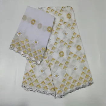 

high quality 5+2 yards white gold African Swiss cotton voile lace fabric with neat embroidery plus chiffon lace! 12L062711