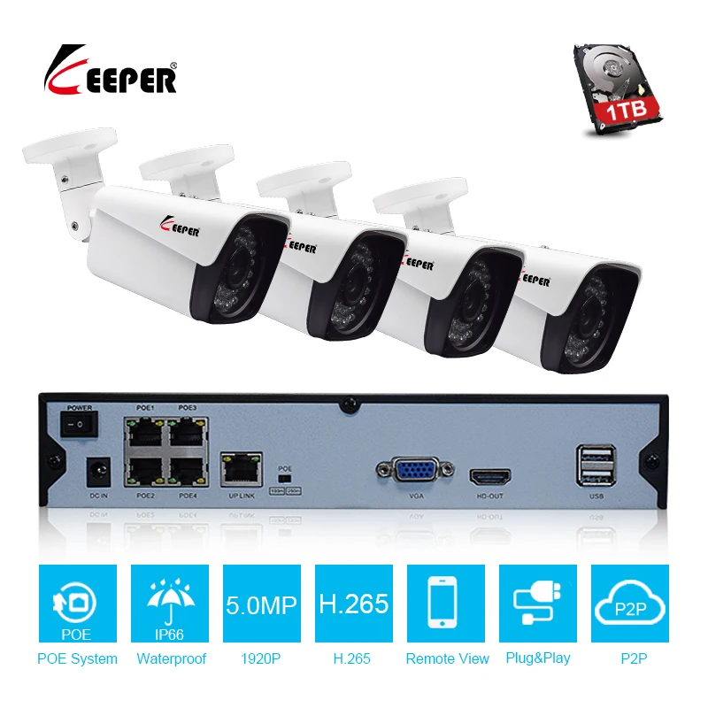 

Keeper H.265 4CH 1080P HD POE NVR CCTV System 4PCS 2.0MP Outdoor IP Camera Waterproof P2P Onvif Security Surveillance System