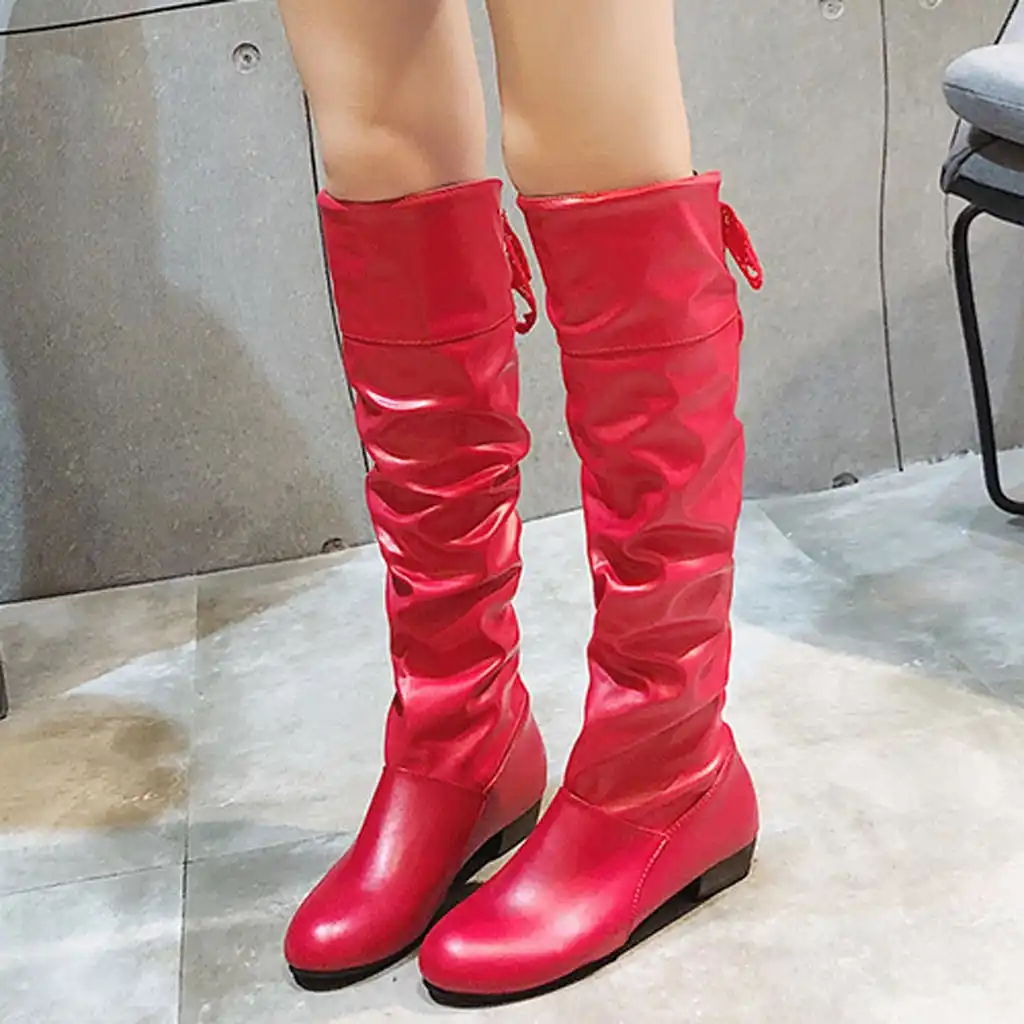red leather knee high flat boots