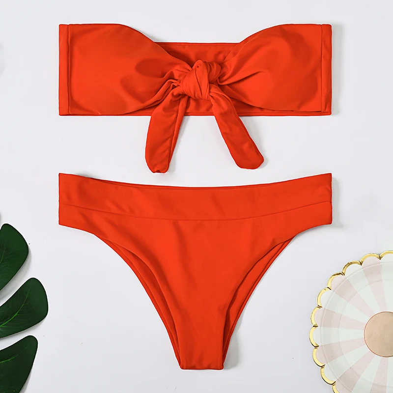 

Sexy Stripe Solid Color Bikini Women's Bow Swimsuit Strapless Tube Top Swimsuit Women's Summer Beachwear Bikini Set