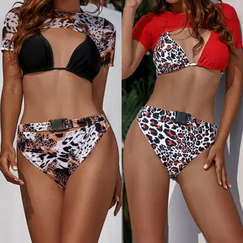 

3PCS Summer Womens Short Sleeve Bikini Set Printed Swimsuit Brazilian Swimwear Triangle Beachwear Swimming Suit Tankini