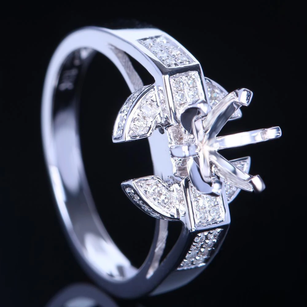 HELON 6.5mm Round Cut Solid 14K White Gold Natural Diamond Engagement Wedding Semi Mount Ring Setting 6 Prong Women Fine Jewelry