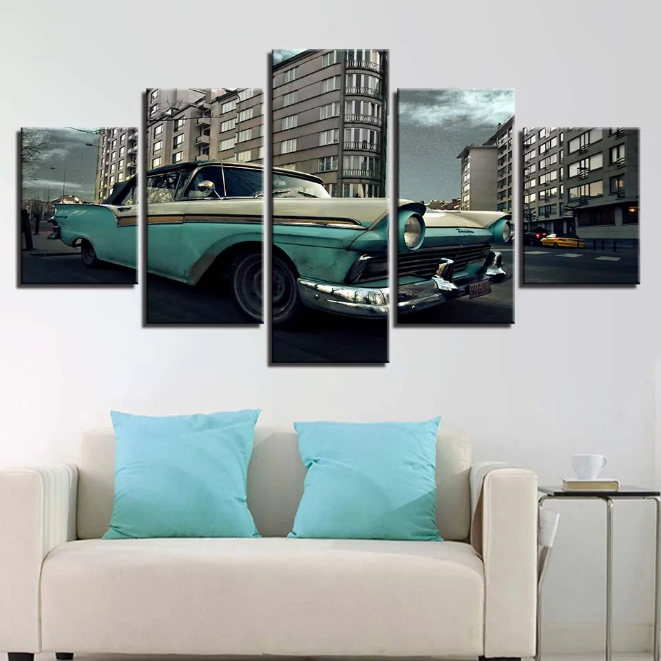 

Retro green leather car on the road 5 pcs Modern Home Wall Decor Canvas Picture Art HD Print Painting On Canvas for Living Room