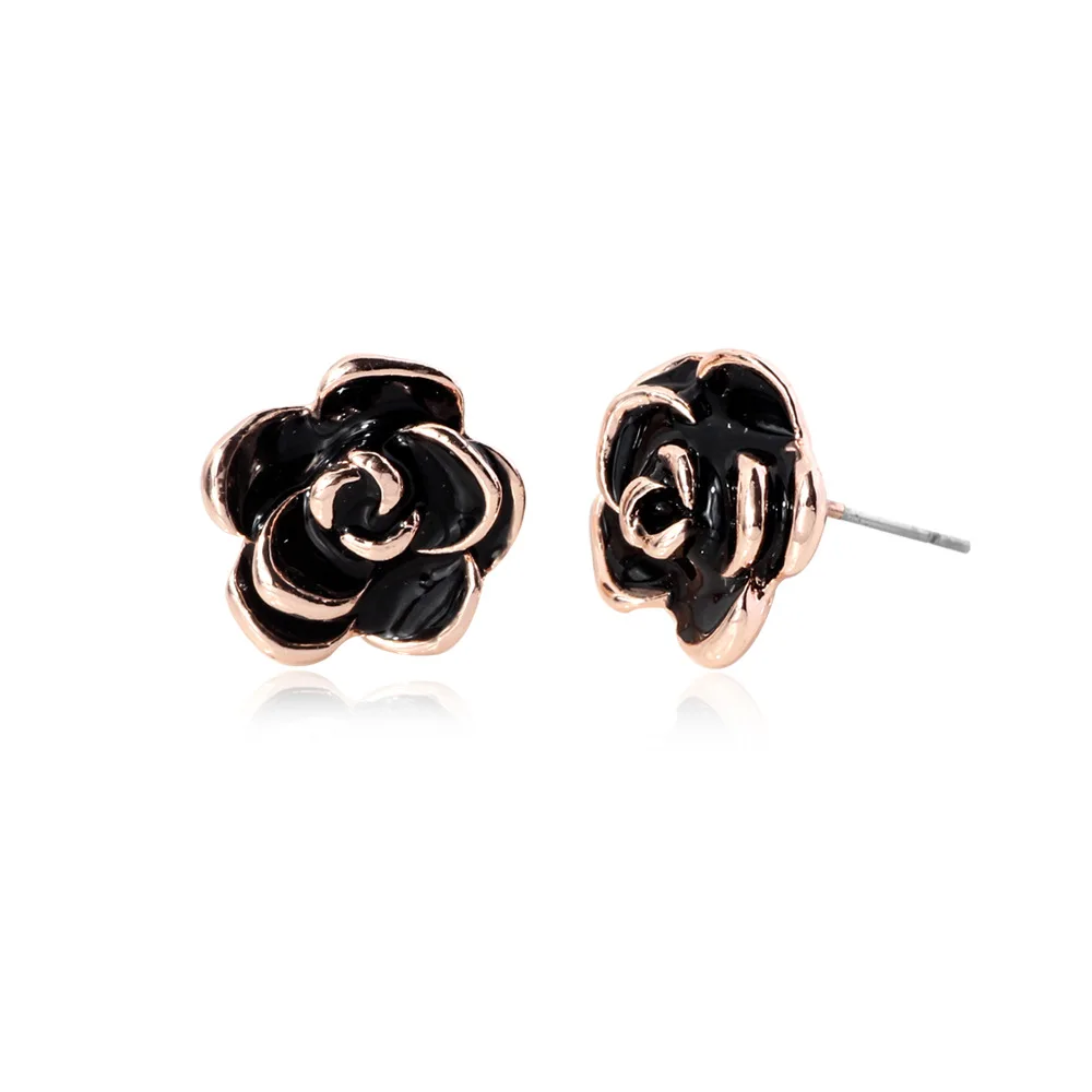 rose gold Новинка, женские серьги-гвоздики с черным цветком, эмалированные розы, трендовые модные ретро серьги, ювелирные изделия, свадебные, вечерние, подарок - Окраска металла: rose gold