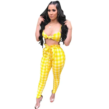

Summer Womens Two Piece Sets 2020 Spaghetti Strap Crop Top + Bow Tie Pants Set Party Nightclub Sexy Two Piece Set Top and Pants
