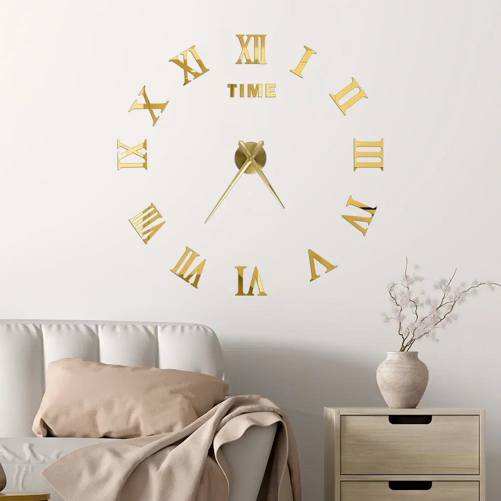 3D Large Roman Numeral Acrylic Mirror Wall Clock Sticker Fashion DIY Quartz Clocks Watch Home Decoration Living Room Stickers