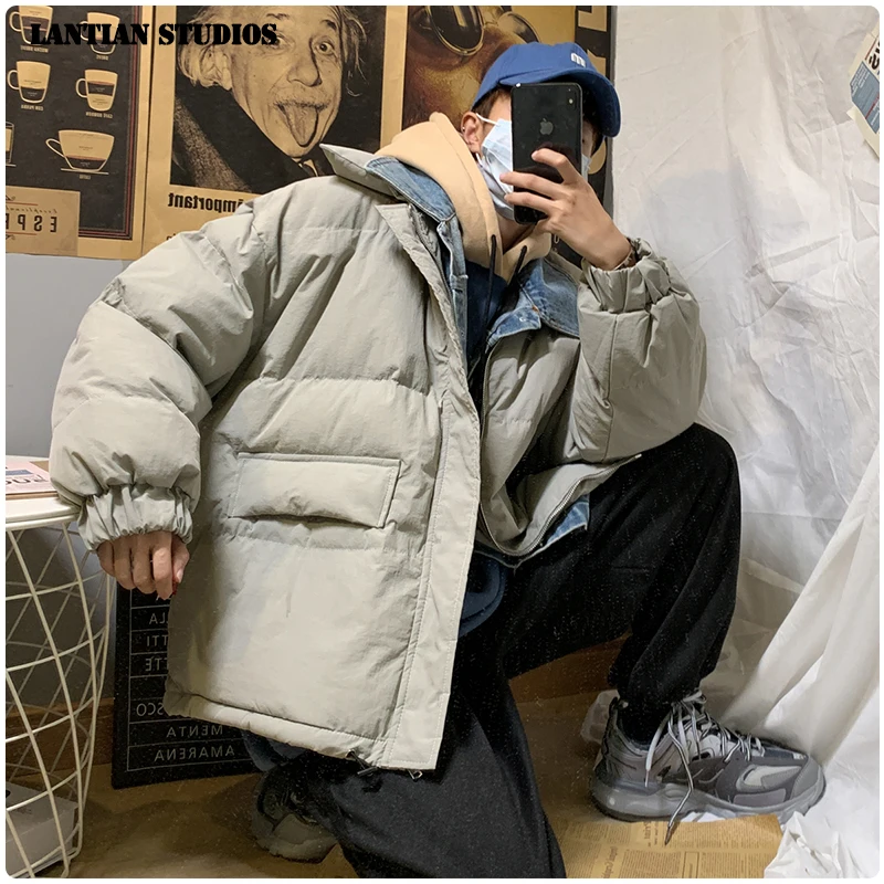 LT Studios Men's Winter Warm Jackets Parkas Denim Patchwork Fake Two Peices Thicken Coats Korean Style Man Casual Jackets Tops