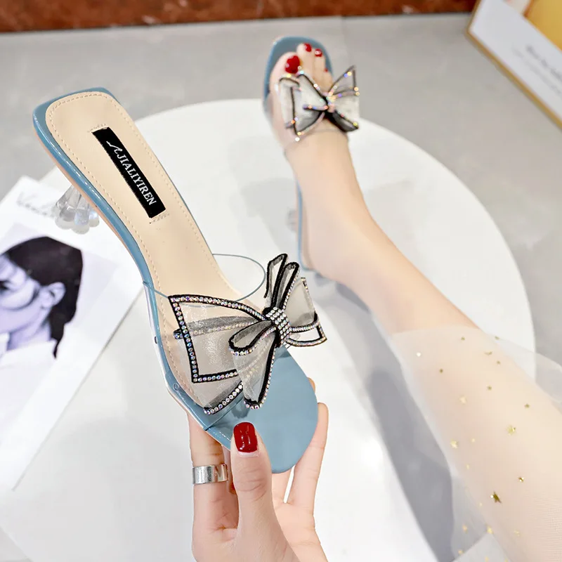 2020 Summer New Ladies Slippers Women Shoes Woman Crystal Fish Mouth Bow Knot Transparent High Spike Heels Fashion Mules Slides | Обувь