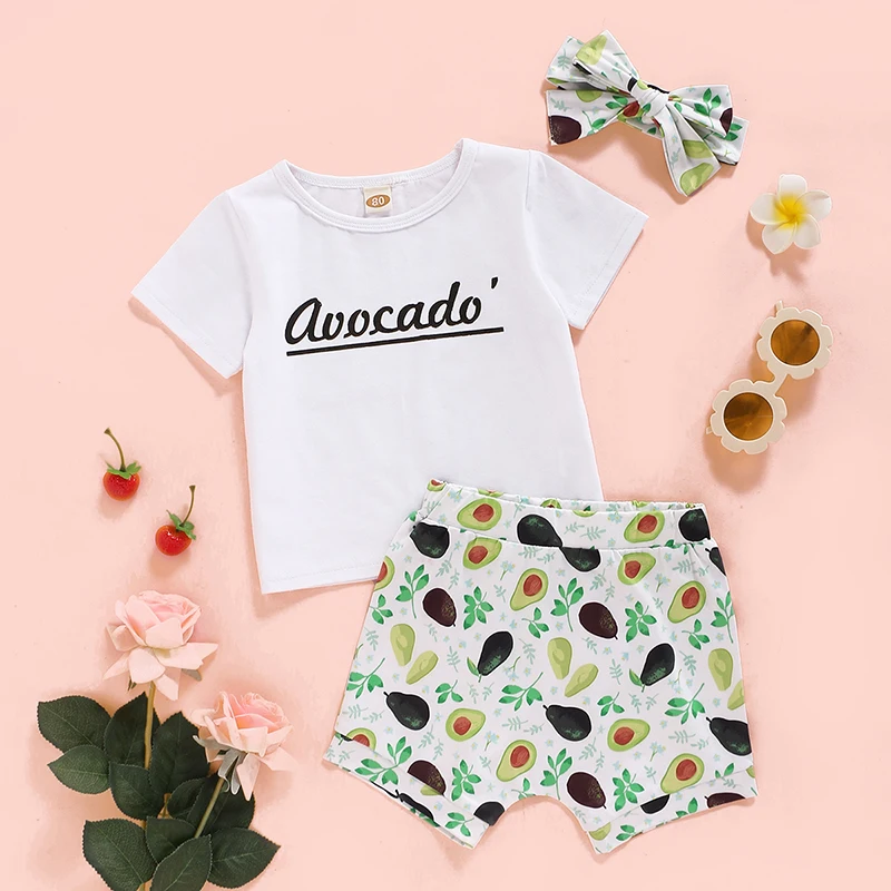 

Summer Baby Girl Clothes 12 18 Months Toddler Girl Outfits White Letters T-Shirt Avocado Print Shorts Headband Infant Clothing