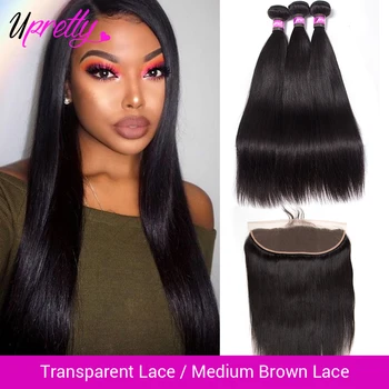 

Upretty Brazilian Straight Bundles With Frontal Hd Transparent Lace Frontal With Bundles Remy Human Hair 3 Bundles With Closure