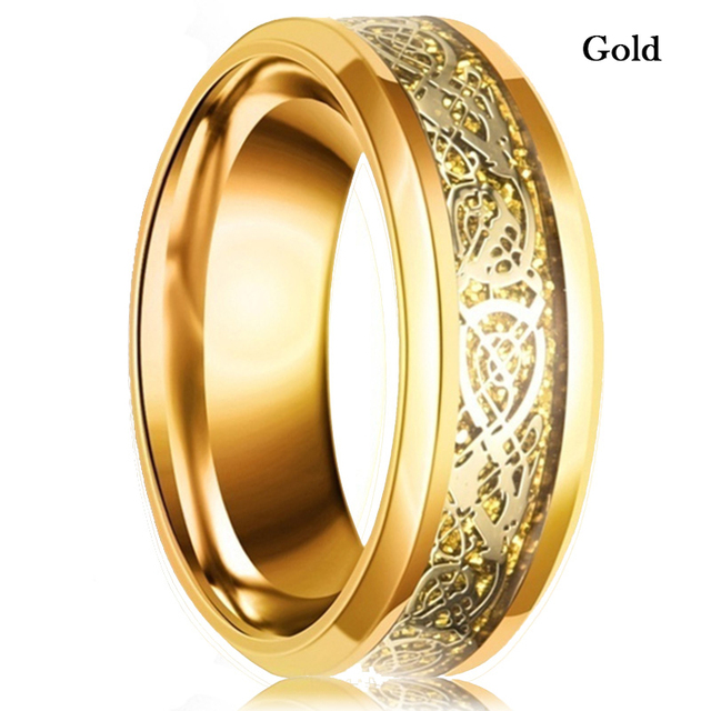 Gold Color Tungsten Wedding Band for Men Dragon Ring Green Blue Carbon Fiber Inlay Polish Finish Beveled Edges Comfort Fit
