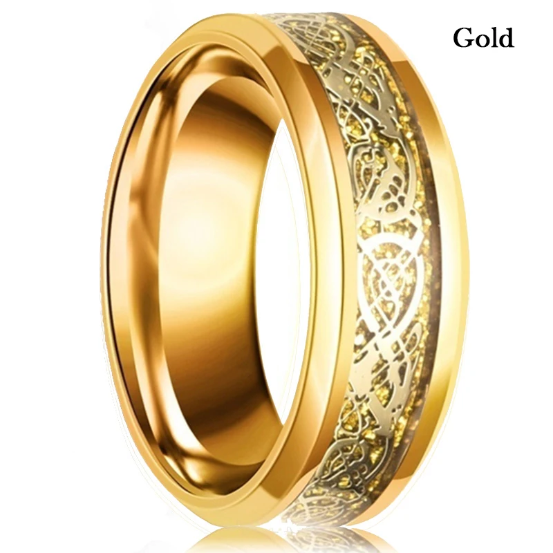 FDLK   8 Colors 8mm Men's Stainless Steel Dragon Ring Inlay Red Green Black Carbon Fiber Ring Wedding Band Jewelry Size 6-13