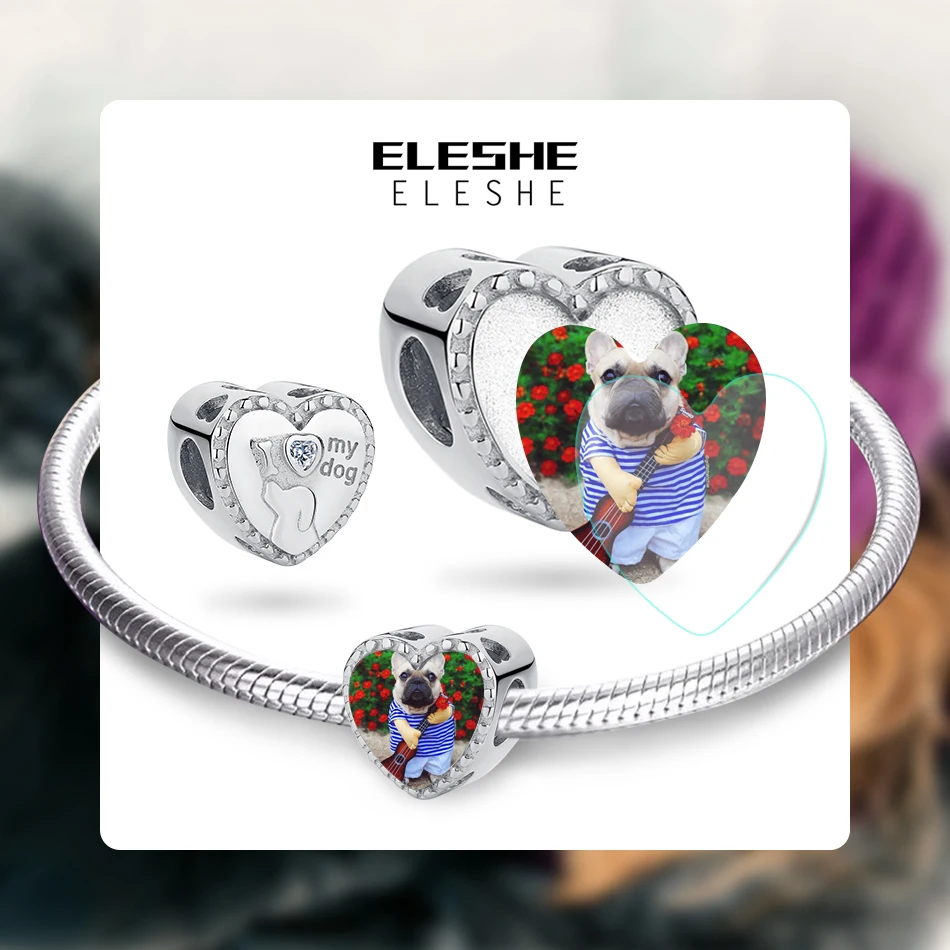 Personalized Custom Photo Silver Beads Charms Cute Dog CZ Heart Bead Sterling Silver 925 Original Charm Bracelets Jewelry Making