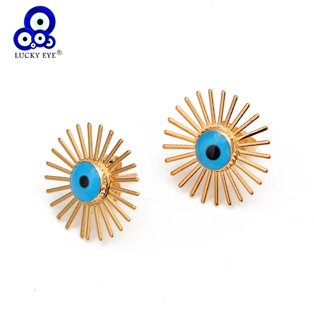 Серьги гвоздики Lucky Eye с турецким голубым злом круг цвет золотой медные серьги