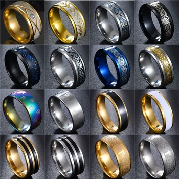 

Silvery Color Ring Men's Wedding Brands Stainless Steel Rainbow Footprint/Dragon/Cross 8mm Male Anel Stylish Punk Ring for Man