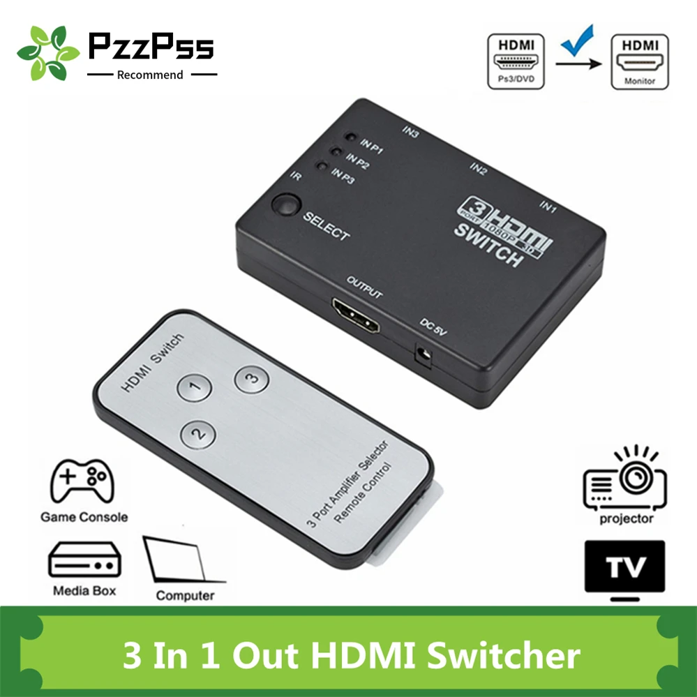 PzzPss HDMI Switcher 3 In 1 Out 3 Ports Hub Box Auto Switch 1080p HD 1.4 With Remote for HDTV XBOX360 DVD Projector