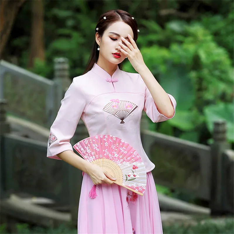 Женская улучшенная Cheongsam топы весна и лето с рукавами 1/2, вышивкой короткий костюм Тан Топ Китайская традиционная одежда