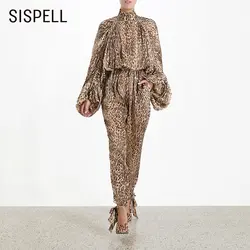 SISPELL/леопардовый комплект из двух предметов со шнуровкой, Женская водолазка с рукавом «летучая мышь», блузка с рюшами, длинные штаны