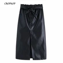 Черная кожаная юбка миди для женщин, галстук-бабочка, пояс, карманы, эластичная талия, юбка, простая, шикарная, офисная, блестящая, дикая, карандаш, уютная нижняя часть