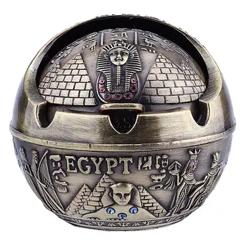 

1Pc Ashtray with Lid Windproof Creative Metal Egypt Style Ashtray Desktop Decor Cigarette Butt Container for Home Cafe Office