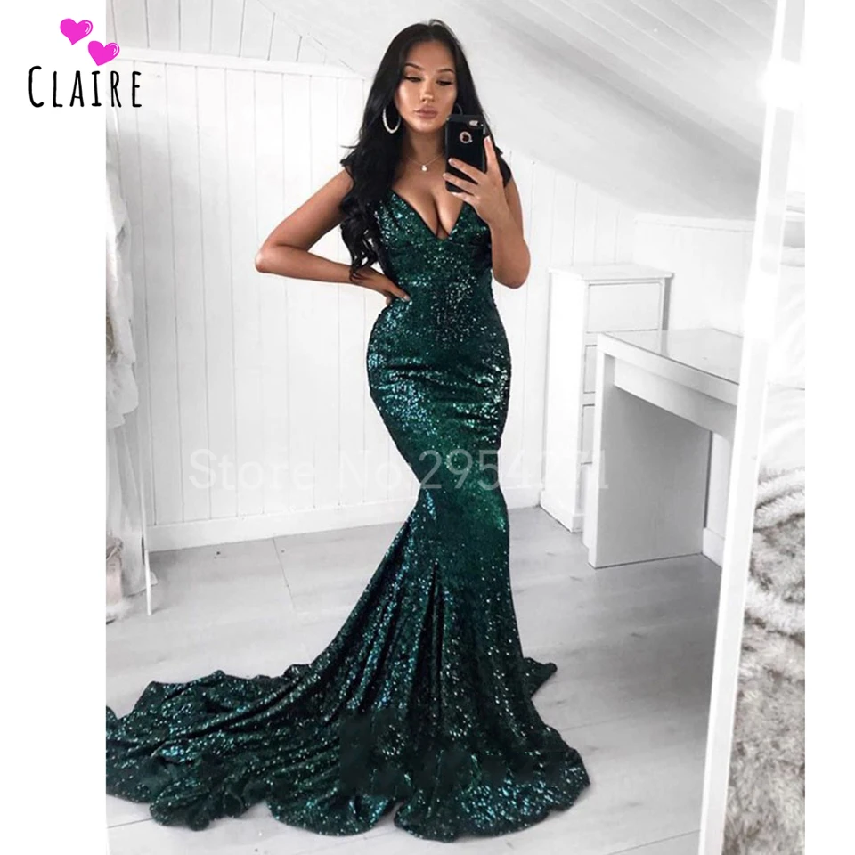 

Emerald Green Prom Dresses Long 2019 Mermaid Plunging V Neck Sequins Floor Length Evening Party Gowns Gala Jurken Dames CP097