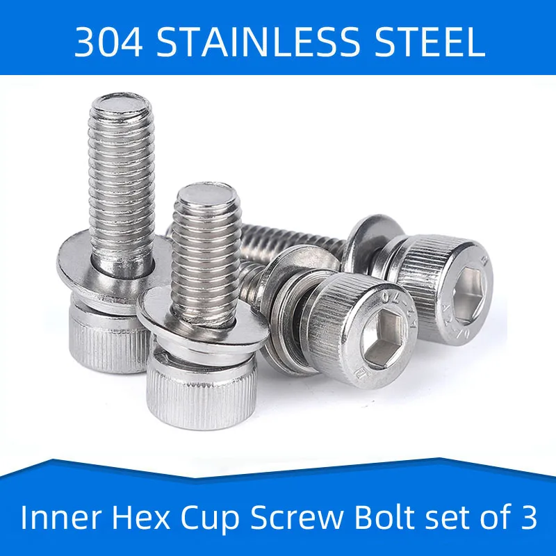 

304 Stainless Steel Inner Hex Cup Head Screw Bolt Washer Set of 3 Cylindrical Hexagon Socket Head Screws M2 2.5 3 4 5 6 8 10 12