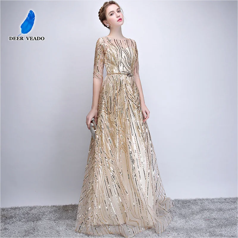 DEERVEADO Robe De Soiree, короткие рукава, Длинные вечерние платья с поясом, с блестками, торжественное платье для женщин, Платья для вечеринок YS449