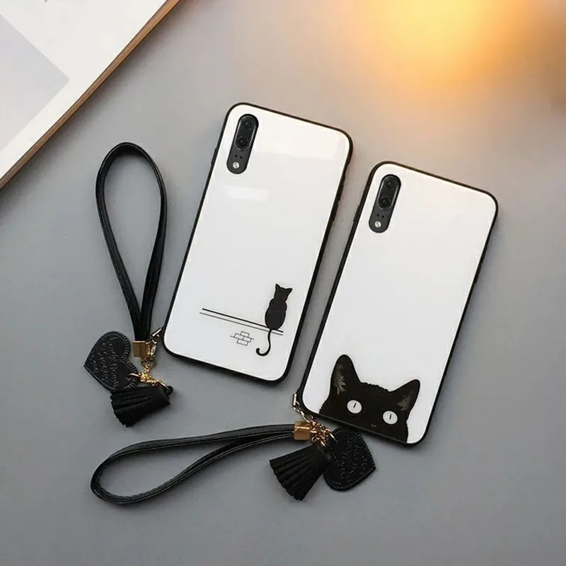 

cute cartoon cat tempered glass case for iphone 11 lot pro max xr xs X 7 8 6s 6 plus silicone border Anti fall for lovers ladys