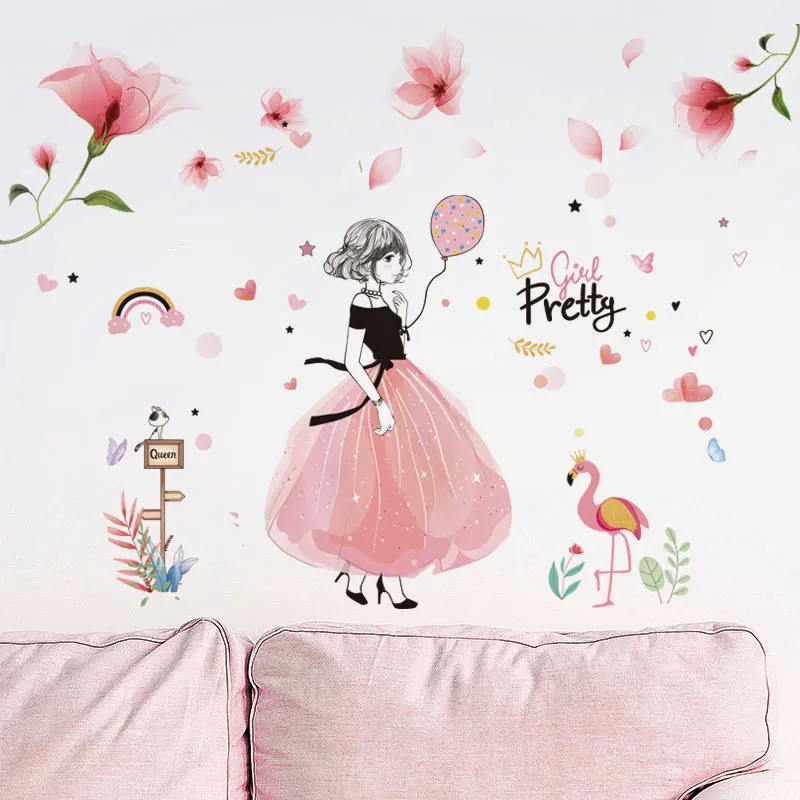 

[shijuekongjian] Pretty Girl Wall Stickers DIY Pink Color Flowers Wall Decals for Kids Rooms Baby Bedroom Home Decoration